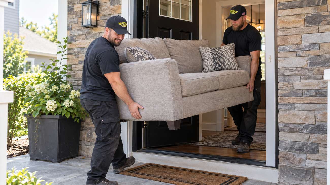 Two Veteran Junk Removal crew members carrying a sofa out through a front door