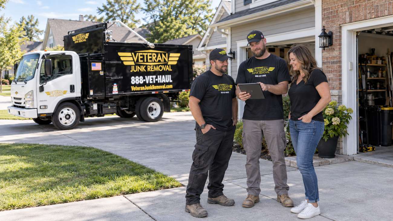 Two Veteran Junk Removal crew members going over a quote with a customer in her driveway