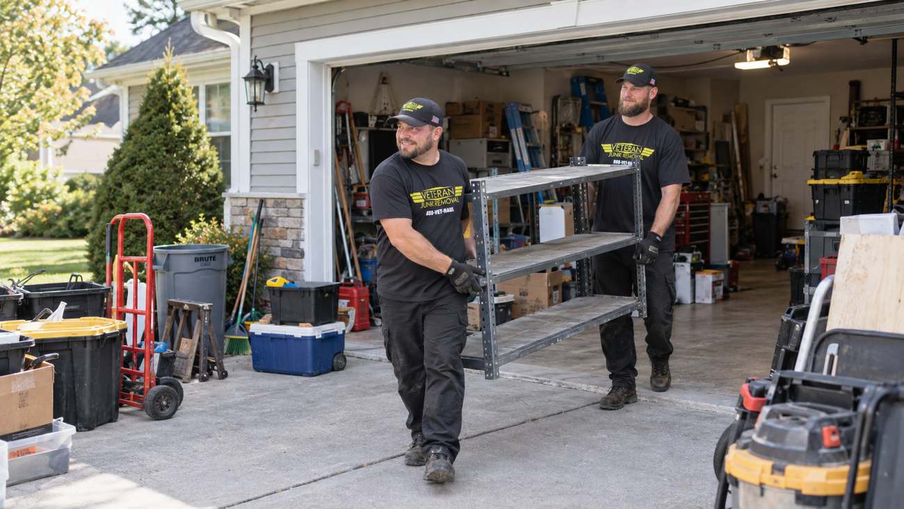 Two Veteran Junk Removal crew members carrying a metal shelving unit out of a garage